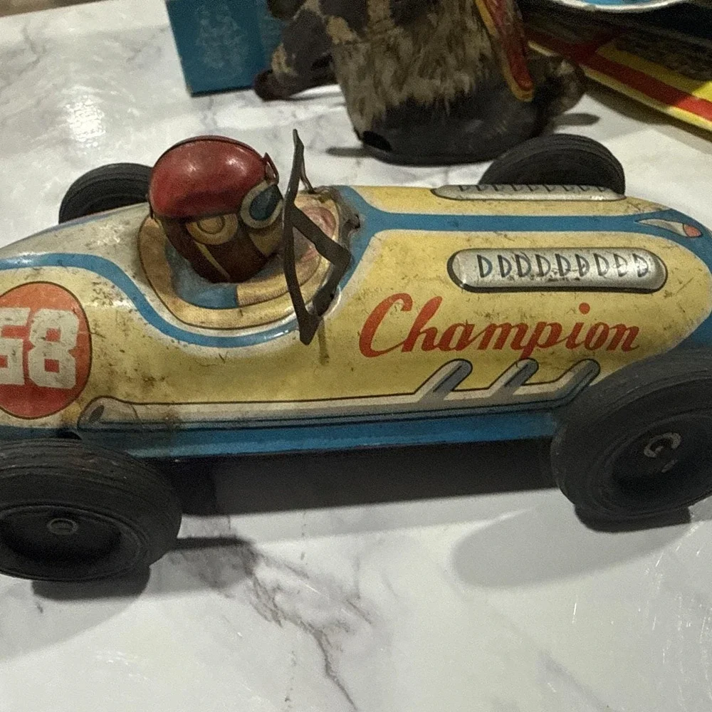 VINTAGE TIN FRICTION 1950'S OPEN WHEEL RACER RACE CAR W DRIVER #58 JAPAN